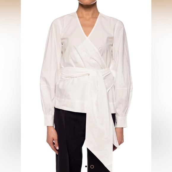 NWT GANNI Bright White Poplin Kimono-Style Cotton Wrap Blouse Shirt Top EU 34/XS - Picture 2 of 3